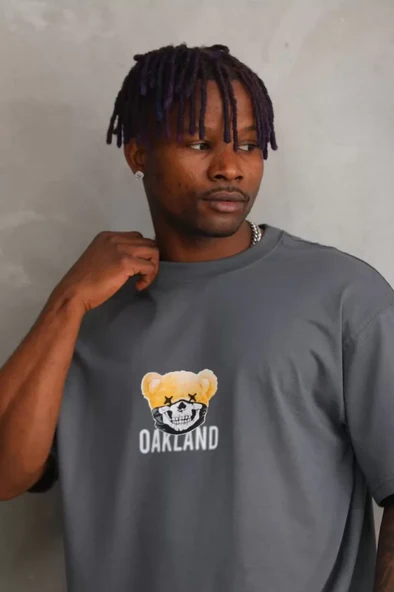 Unisex Baskılı Oversize T-Shirt - Füme ürün görseli