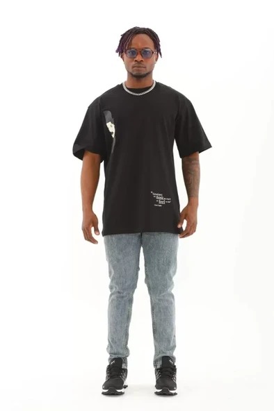 Unisex Oversize Baskılı Bisiklet Yaka T-Shirt - Siyah - Resim 4