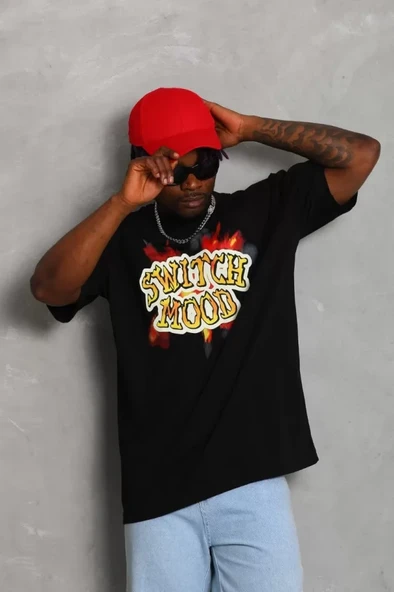 Unisex Oversize Baskılı Bisiklet Yaka T-Shirt - Siyah - Resim 4