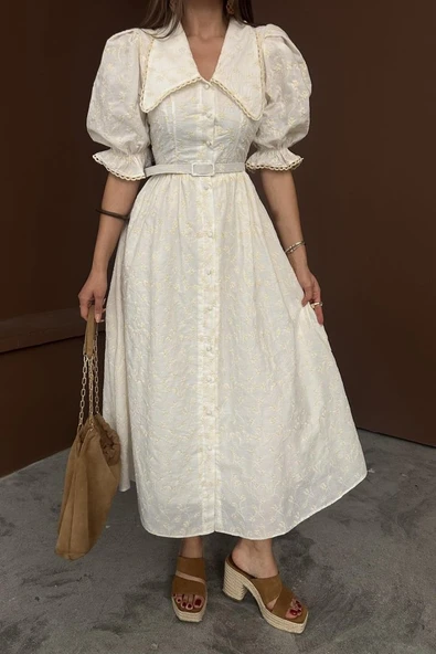 Bej Bebe Yaka Balon Kollu Brode Elbise - Resim 3