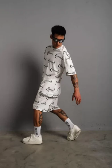 Erkek Baskılı İkili Şortlu Takım - Beyaz - Resim 2