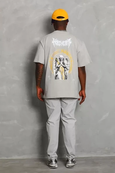 Unisex Oversize Baskılı Bisiklet Yaka T-Shirt - Gri - Resim 4