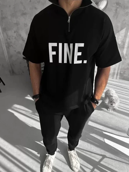 Unisex Baskılı Yarım Fermuarlı T-Shirt - Siyah - Resim 2