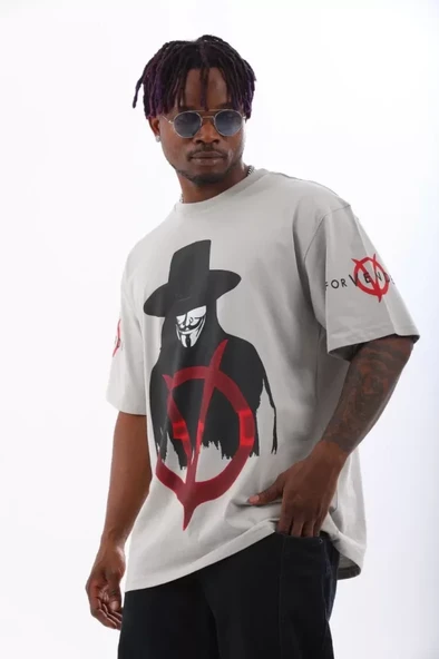 Unisex Oversize Baskılı Bisiklet Yaka T-Shirt - Gri - Resim 3