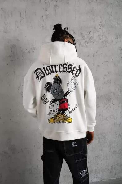 Erkek Üç İplik Baskılı Kapüşonlu  Sweat - Beyaz - Resim 2