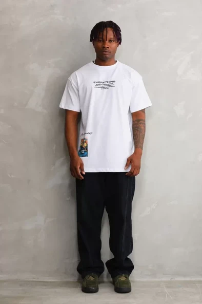 Unisex Bisiklet Yaka Baskılı Oversize T-Shirt - Beyaz - Resim 4
