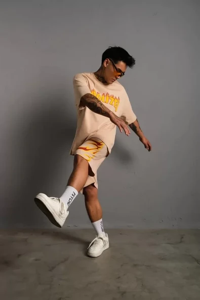 Erkek Alev Baskılı İkili Şortlu Takım - Bej - Resim 3