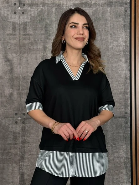 Kadın Modal Kumaş çizgili Gömlek Yaka Ikili Takım - Resim 3