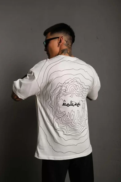 Erkek Bisiklet Yakalı Sırt Baskılı Oversize T-Shirt - Beyaz ürün görseli