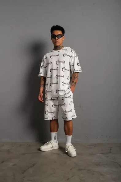 Erkek Baskılı İkili Şortlu Takım - Beyaz ürün görseli