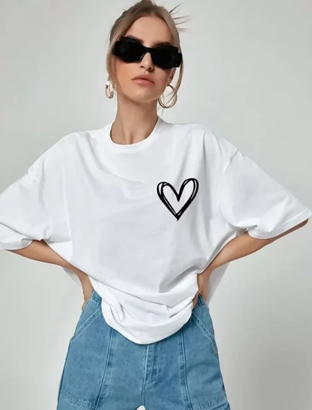 Unisex Baskılı Oversize T-Shirt - Beyaz ürün görseli