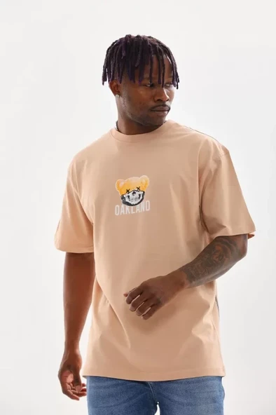 Unisex Baskılı Oversize T-Shirt - Bej - Resim 3