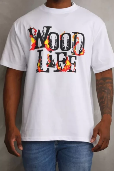 Unisex Baskılı Oversize T-Shirt - Beyaz ürün görseli