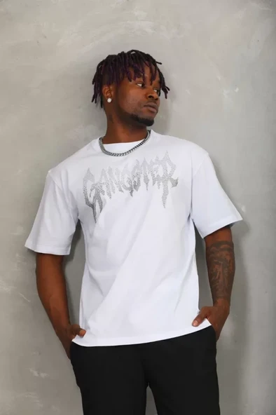 Unisex Oversize Taşlı Bisiklet Yaka T-Shirt - Beyaz ürün görseli