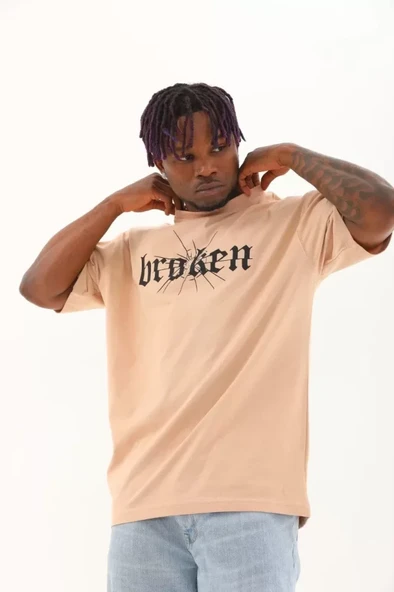 Unisex Oversize Baskılı Bisiklet Yaka T-Shirt - Bej - Resim 3