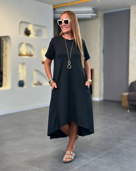 Kadın Kısa Kollu Bisiklet Yaka Asimetrik Kesim ön Viskon Arkası Trikoton Elbise - Resim 3