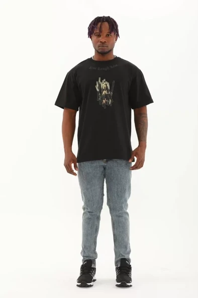 Unisex Oversize Baskılı Bisiklet Yaka T-Shirt - Siyah - Resim 4