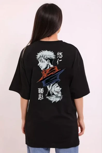 Unisex Bisiklet Yaka Baskılı Oversize T-Shirt - Siyah - Resim 2