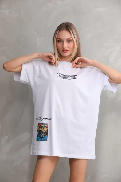 Unisex Bisiklet Yaka Baskılı Oversize T-Shirt - Beyaz ürün görseli