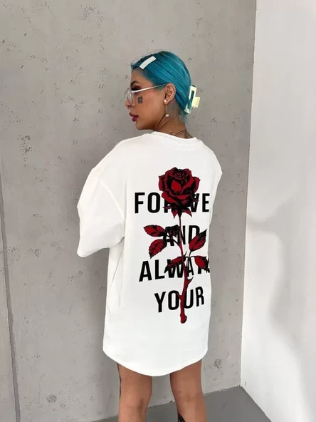 Unisex Bisiklet Yaka Baskılı Oversize T-Shirt - Beyaz - Resim 2