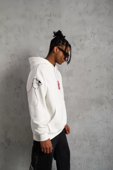 Erkek Maske Baskılı Kapüşonlu Sweat - Beyaz - 2