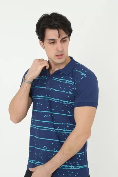 Erkek Yakalı Slim Fit Pike Çizgili T-Shirt - Mavi - Resim 4
