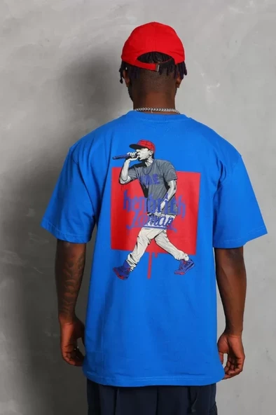 Unisex Oversize Baskılı Bisiklet Yaka T-Shirt - Mavi - Resim 4