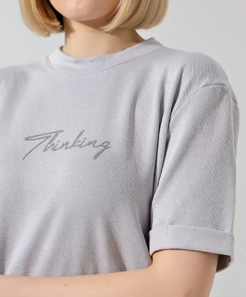 Unisex Bisiklet Yaka Baskılı Slim Fit T-Shirt - Boyalı Gri - Resim 4