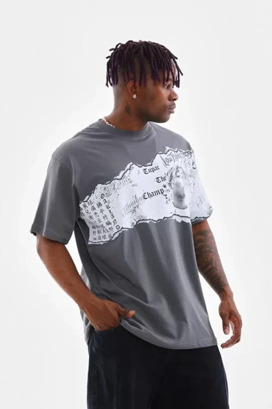 Unisex Bisiklet Yaka Baskılı Oversize T-Shirt - Gri - Resim 4