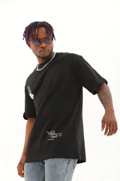 Unisex Oversize Baskılı Bisiklet Yaka T-Shirt - Siyah ürün görseli