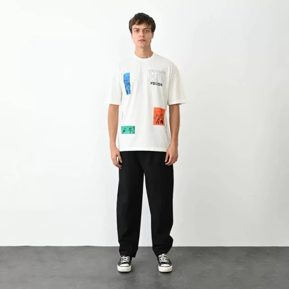 Unisex Bisiklet Yaka Baskılı Oversize T-Shirt - Beyaz ürün görseli