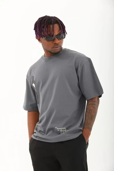 Unisex Oversize Baskılı Bisiklet Yaka T-Shirt - Füme ürün görseli