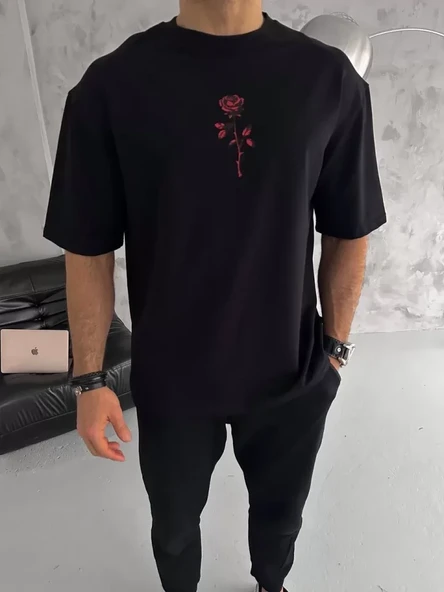 Unisex Bisiklet Yaka Baskılı Oversize T-Shirt - Siyah ürün görseli