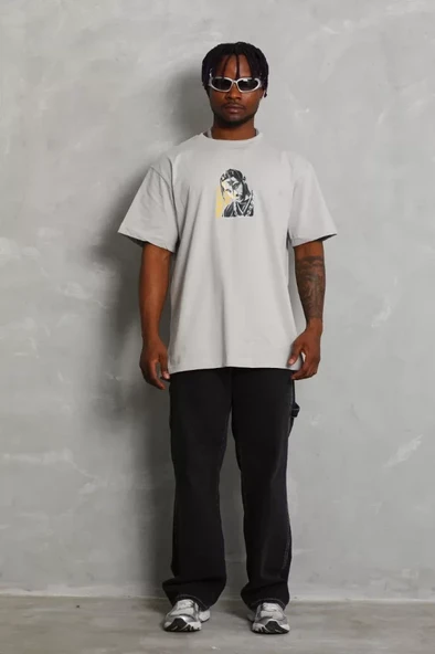 Unisex Oversize Baskılı Bisiklet Yaka T-Shirt - Gri - Resim 3