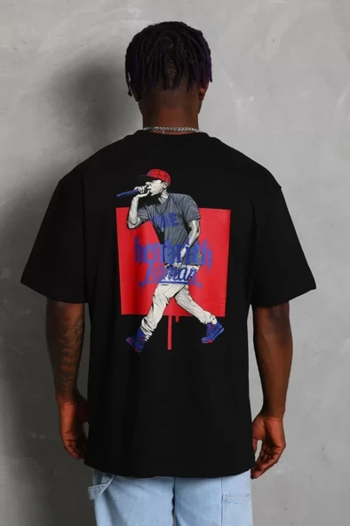 Unisex Oversize Baskılı Bisiklet Yaka T-Shirt - Siyah - Resim 3