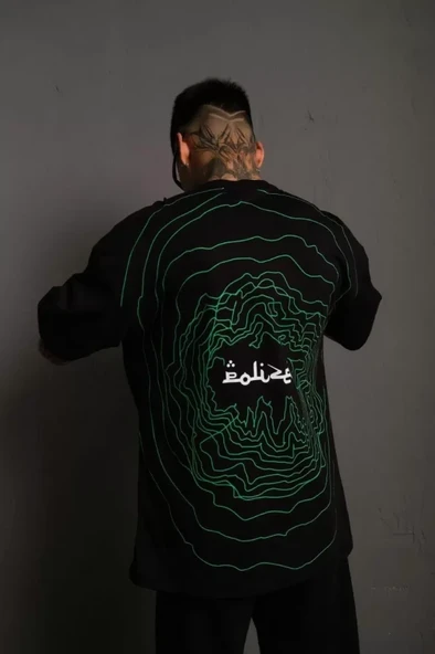 Erkek Bisiklet Yakalı Sırt Baskılı Oversize T-Shirt - Siyah ürün görseli