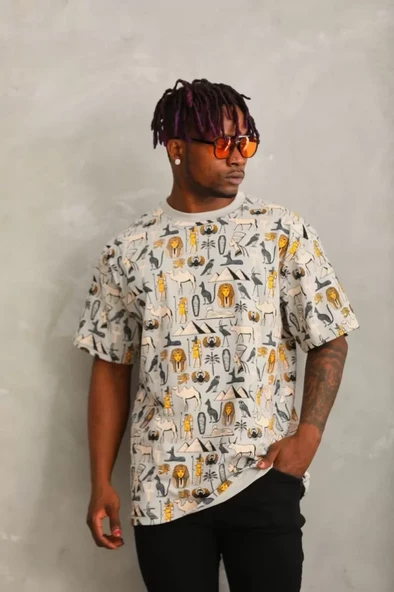 Unisex Oversize Baskılı Bisiklet Yaka T-Shirt - Gri ürün görseli