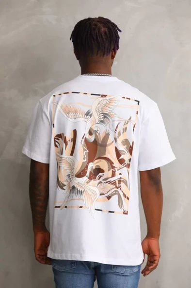 Unisex Baskılı Oversize T-Shirt - Beyaz - Resim 2