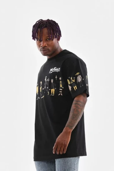 Unisex Bisiklet Yaka Baskılı Oversize T-Shirt - Siyah - Resim 3