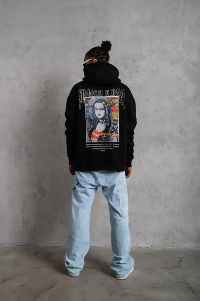 Erkek Baskılı Kapüşonlu Ve Kanguru Cepli Sweat - Siyah - Resim 3