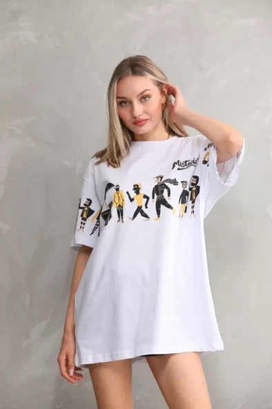 Unisex Bisiklet Yaka Baskılı Oversize T-Shirt - Beyaz - Resim 2