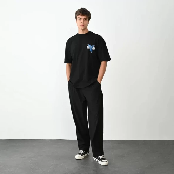 Unisex Bisiklet Yaka Baskılı Oversize T-Shirt - Siyah - Resim 4