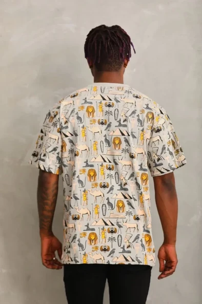 Unisex Oversize Baskılı Bisiklet Yaka T-Shirt - Gri - Resim 2