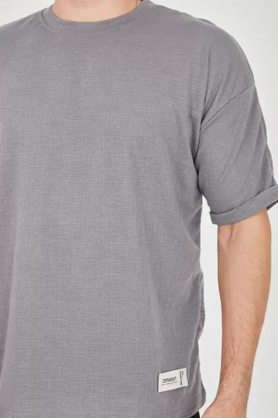 Unisex Jakar Kumaş Rahat Kol T-Shirt - Gri - Resim 2