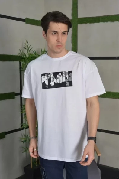 Unisex Bisiklet Yaka Baskılı Oversize T-Shirt - Beyaz - Resim 3