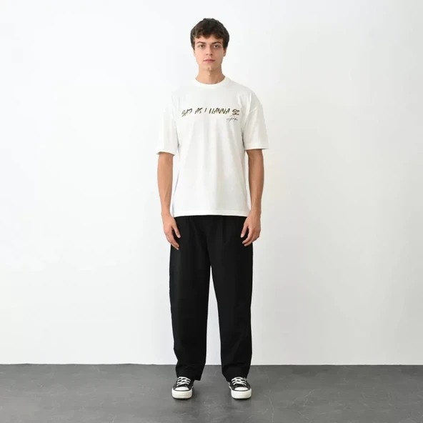 Unisex Bisiklet Yaka Baskılı Oversize T-Shirt - Beyaz ürün görseli