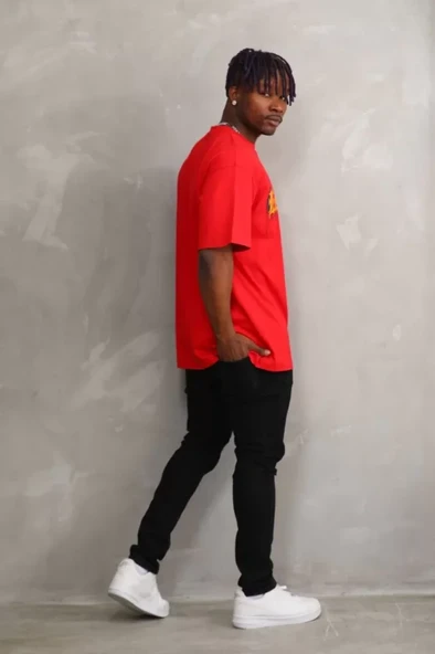 Unisex Baskılı Oversize T-Shirt - Kırmızı - Resim 4