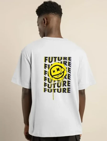 Unisex Bisiklet Yaka Baskılı Oversize T-Shirt - Beyaz - Resim 3