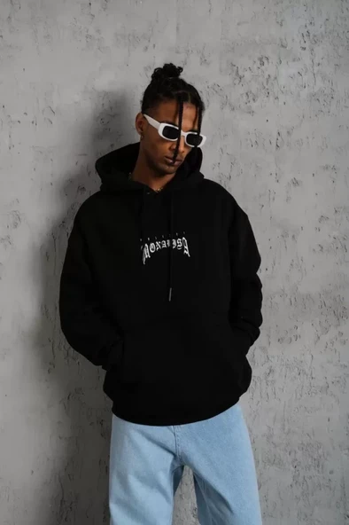 Erkek Baskılı Kapüşonlu Ve Kanguru Cepli Sweat - Siyah - Resim 2