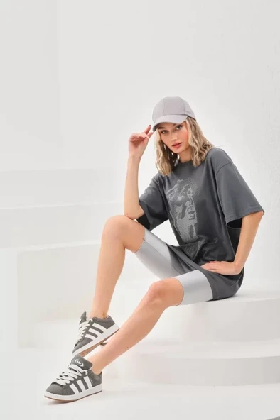 Unisex Taş Desenli Oversize T-Shirt - Füme - Resim 3